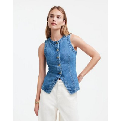 Women’s Washed Denim Vest Button Down Crew Neck Sleeveless Jean Vest Casual Top | Target