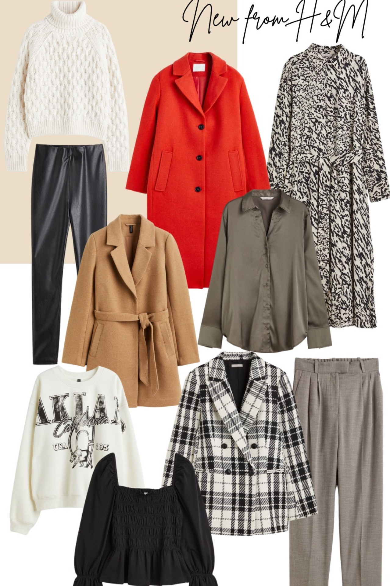 New fall looks from H&M, outfit ideas, neutral, coat, jacket, dress, blazer, leather leggings, sweater, plaid, pants

#LTKunder100 #LTKstyletip #LTKworkwear