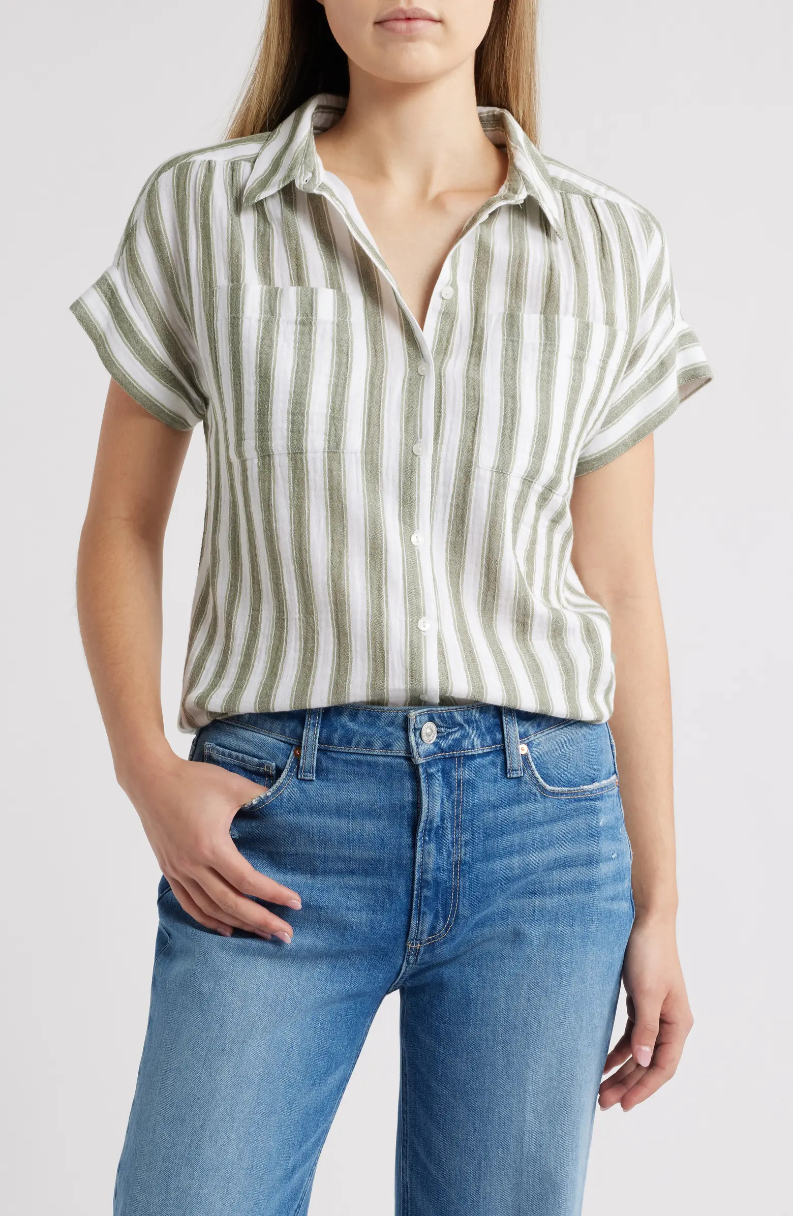 Caslon® Stripe Short Sleeve Cotton Gauze Button-Up Shirt | Nordstrom | Nordstrom