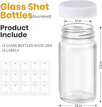 LANDNEOO 15 Pack 2 oz Glass Shot Bottles w/White Lids & 15 Labels - Small Clear Jar for Ginger, W... | Amazon (US)