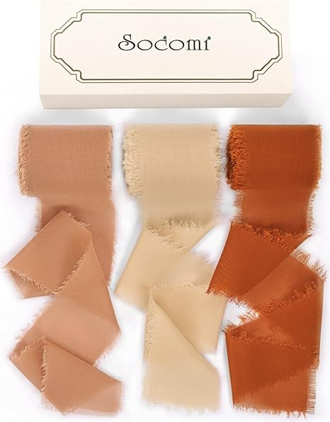 Socomi Handmade Fringe Chiffon Silk Ribbon 1-3/4" x 7Yd 3 Rolls Frayed Ribbon Set for Wedding Inv... | Amazon (US)