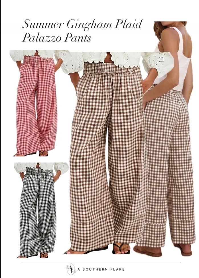 I'm loving these gingham plaid palazzo pants for a relaxed, stylish summer look. #SummerFashion #ChicWear