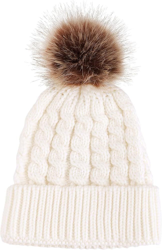 Beanie - Men/Women Knit Slouchy Ski Hat with Big Size Faux Fur Pompom | Amazon (US)