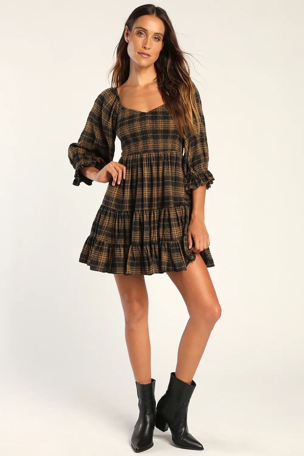 No One Cuter Black and Tan Plaid Puff Sleeve Tiered Mini Dress | Lulus (US)