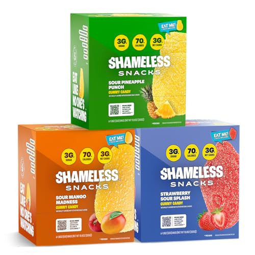 Shameless Snacks Sour Power Trio Bundle - Sour Candy & Fruit Snacks, Strawberry Candy & Gummy Candy Variety Pack, Mango Pineapple, Keto Snacks 3g Sugar Gluten Free | Amazon (US)