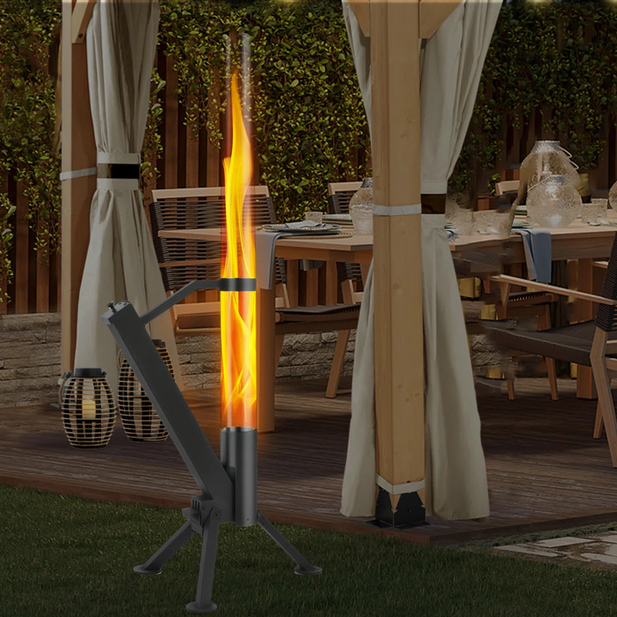 Outdoor Patio Flame Pellet Heater, Portable Pellet Fire Pit With Glass Tube, Tripod Base | Wayfair North America