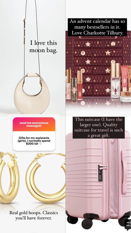 Best gifts $250 and under, gifts for assistants, moon bag staud, charlotte tilbury best advent calendar, gold hoops, Beis suitcase. 

#LTKCyberWeek #LTKHoliday #LTKGiftGuide