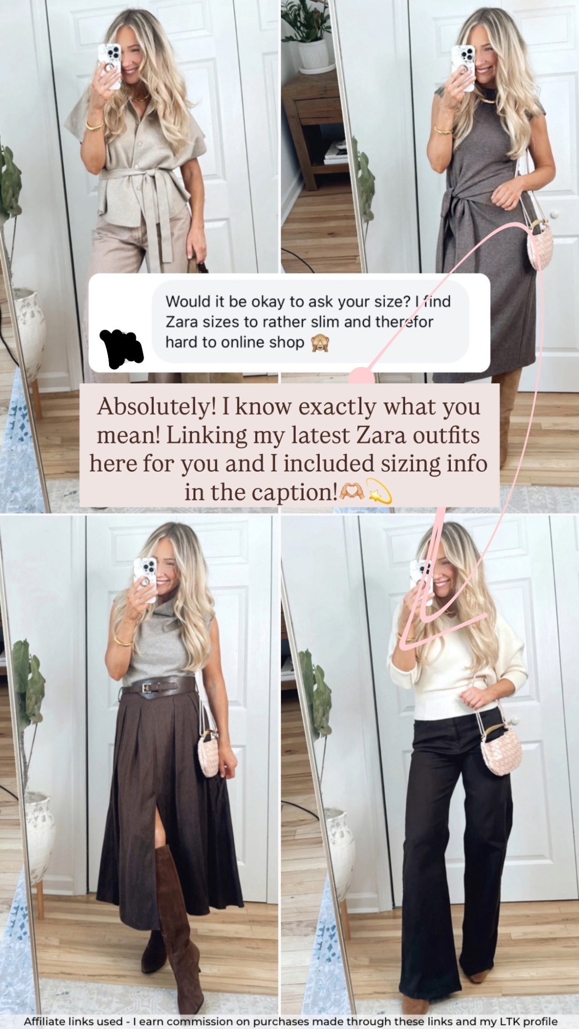 Zara spring outfits 🐣🌸 Sizing info⬇️:
-Short sleeve belted cardigan: medium
-Dusty pink barrel jeans: size 6
-Short sleeve knotted sweater dress: medium
-Gray mock neck sleeveless sweater: medium
-Brown midi skirt with slit: medium
-Ivory v-neck sweater: medium
-Brown wide leg jeans: size 6

