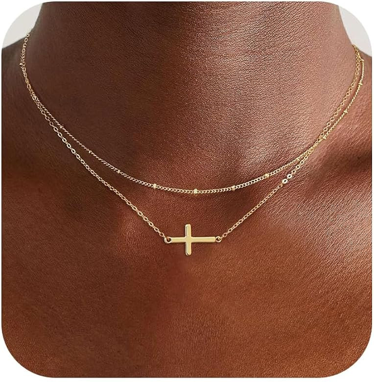 Cross Necklace for Women, 14K Gold Plated Layered Dainty Small Pendant Choker Cross Necklace, Tre... | Amazon (US)
