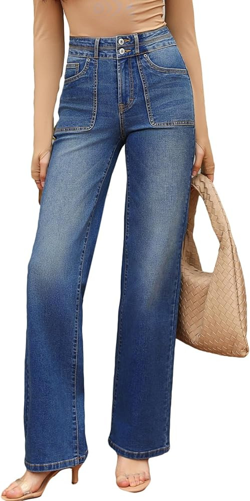 EVALESS Women's Wide Leg Jeans High Waisted Straight Leg Jeans Trendy Stretchy Loose Zimbaplatinu... | Amazon (US)