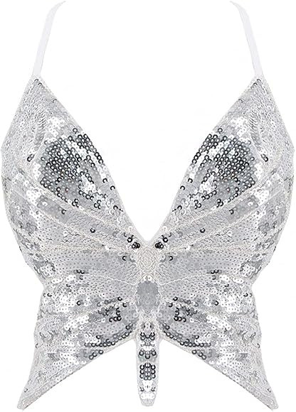 Mocure Women's Shimmer Sequin Crop Top Low-Cut Tube Top Butterfly Rave Tank Vest Top | Amazon (US)