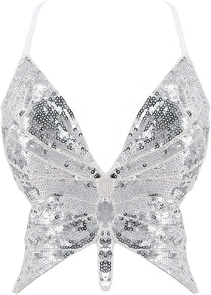 Mocure Women's Shimmer Sequin Crop Top Low-Cut Tube Top Butterfly Rave Tank Vest Top | Amazon (US)