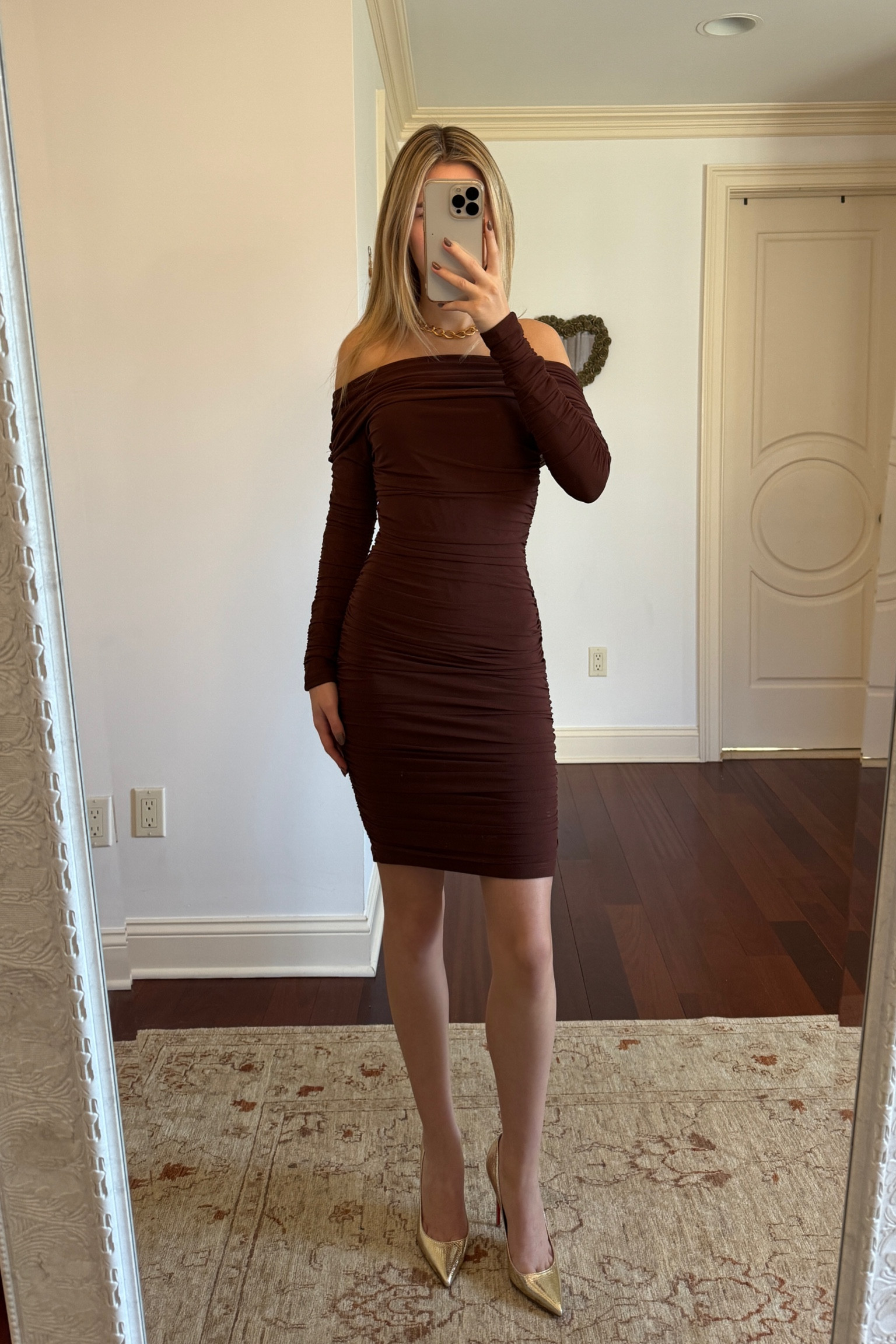 going out dress, holiday outfit, brown dress, off the shoulder dress, super cute dress, midi dress, gifts for her, gold heels, gold jewelry, trendy, items you needd

#LTKFindsUnder50 #LTKStyleTip #LTKGiftGuide