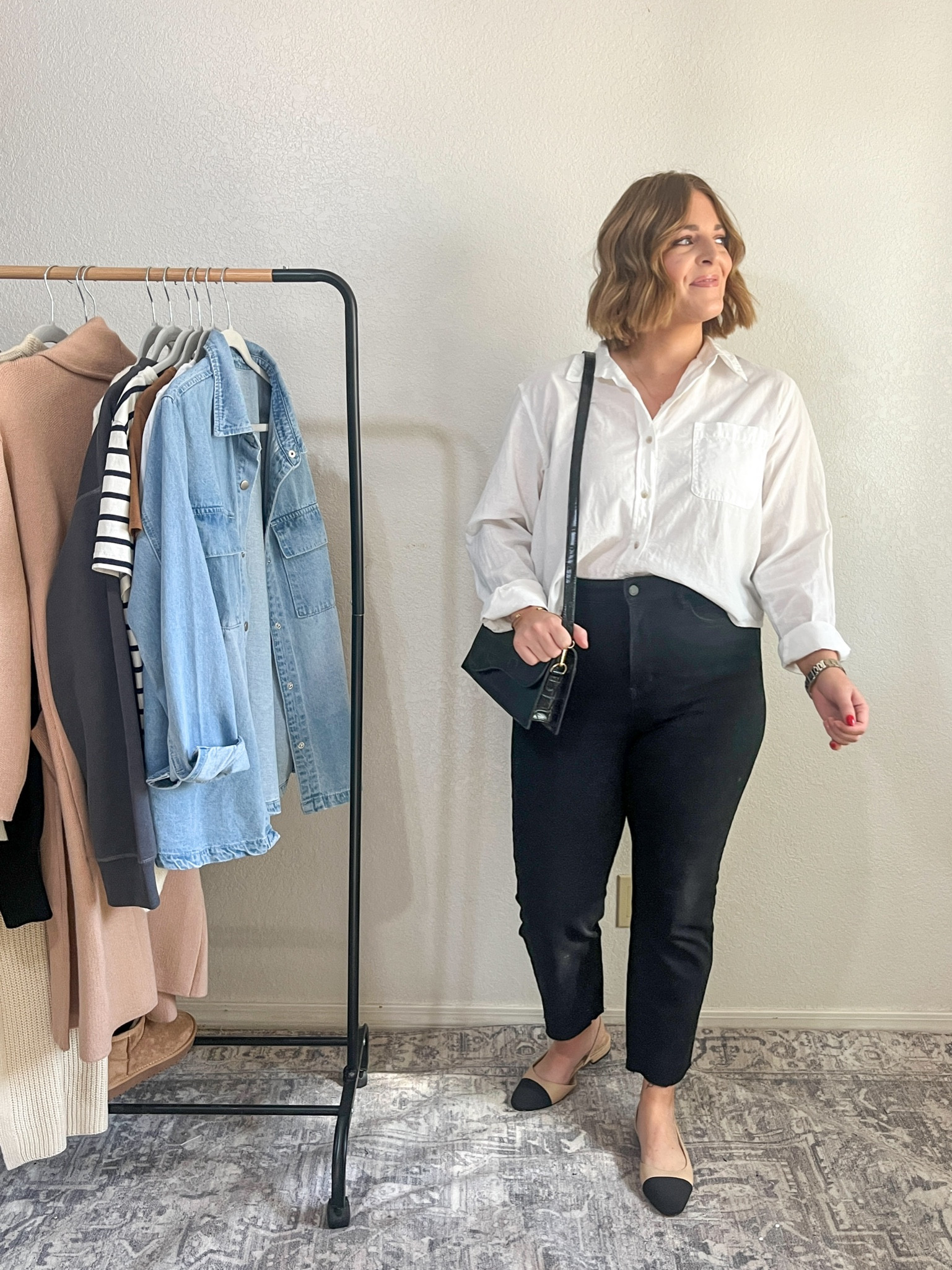 Styling cap-toe flats// white button down + black jeans 

#LTKmidsize #LTKfindsunder50 #LTKshoecrush