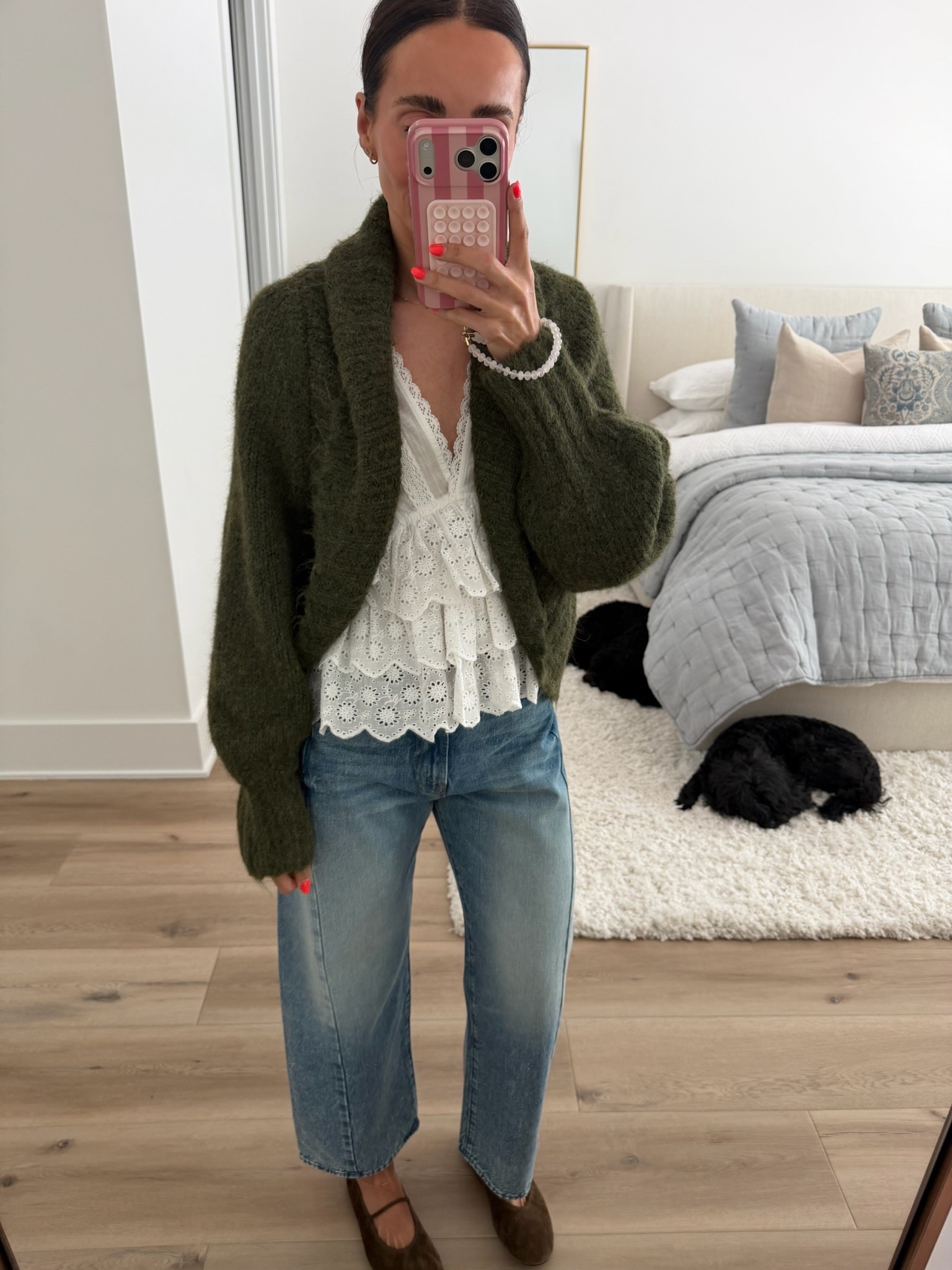 The mix of textures makes this outfit for me. The soft olive cardigan adds a cozy fall layer over the feminine eyelet top, while relaxed denim and brown flats keep it easy enough for everyday.

olive cardigan, eyelet top, relaxed denim, brown flats, fall layering, transitional outfit, feminine casual style, everyday fall outfit, textured cardigan, fall fashion, annabrstyle

#LTKootd #LTKOver40 #LTKSeasonal