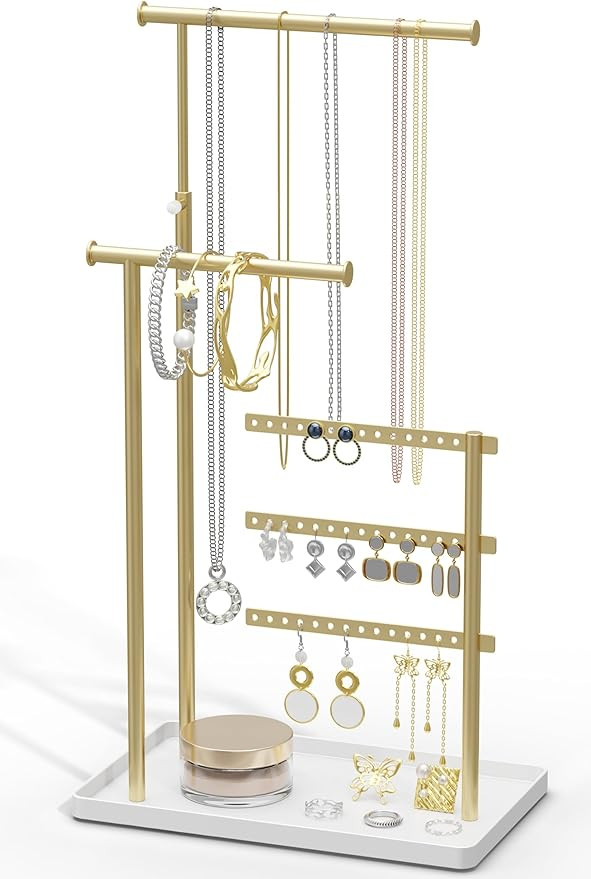 Jewelry Holder Organizer Stand - Adjustable Tall 17.5" (Max), Gift for Women, Gold Jewelry Hanger... | Amazon (US)
