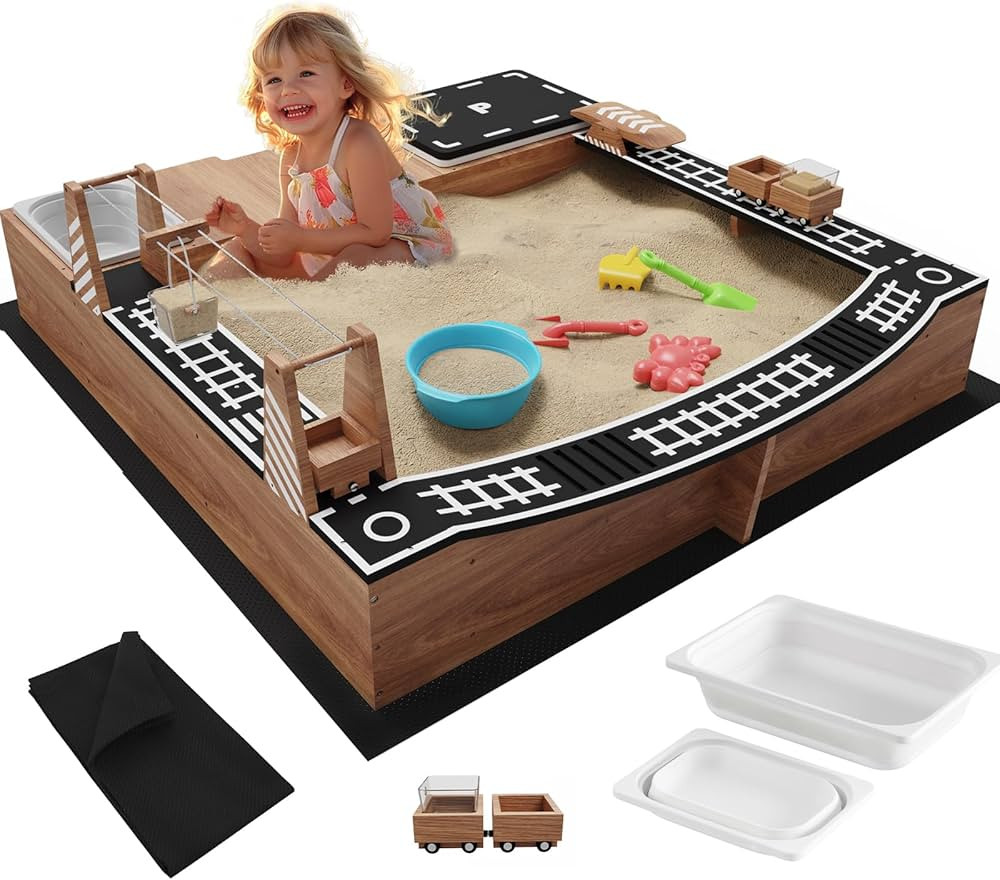 Kids Wooden Sandbox with Fun Sand Play Theme,2 Toy Buckets & 3 Reinforced Benches Outdoor Sand Bo... | Amazon (US)