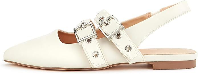 LUCKY STEP Women's Slingback Buckle Flats Ballet Poninted Toe Block Heel Dress Adjustable Strap M... | Amazon (US)