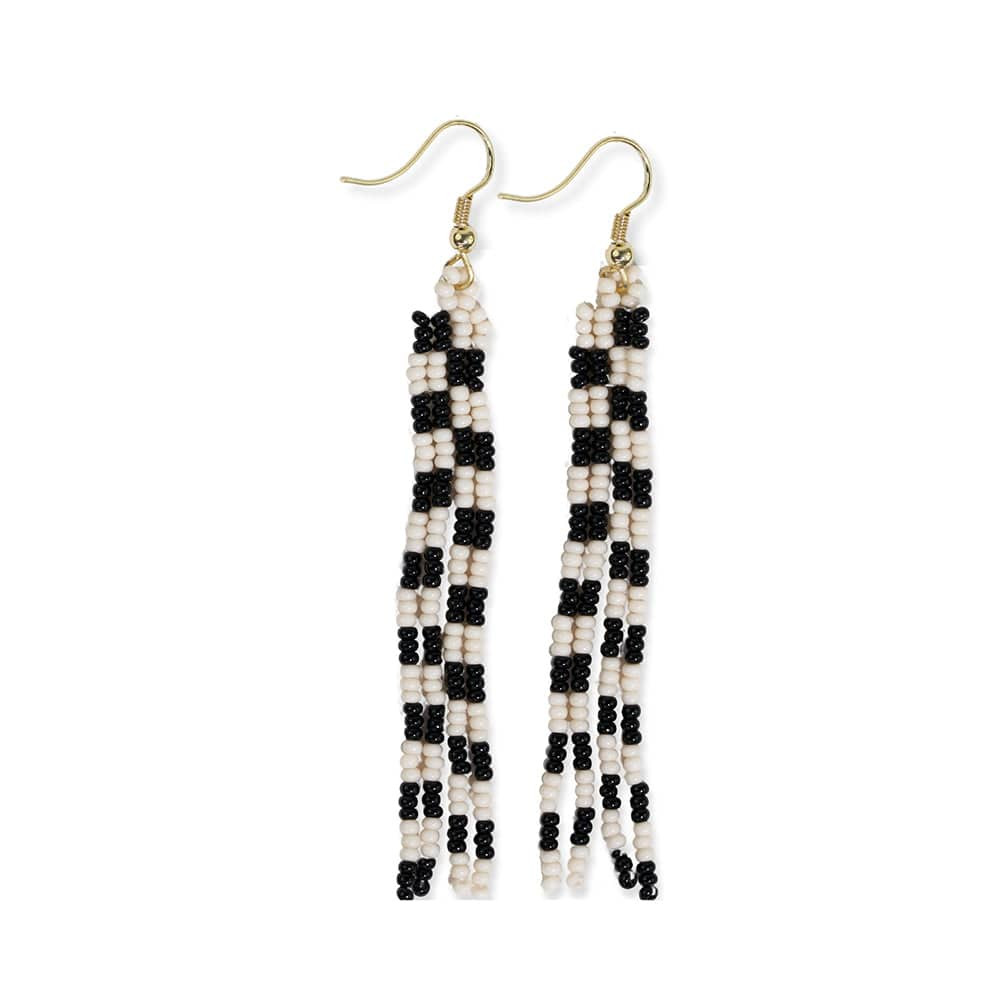 June Mini Checked Pattern Petite Beaded Fringe Earrings Black/White | INK+ALLOY