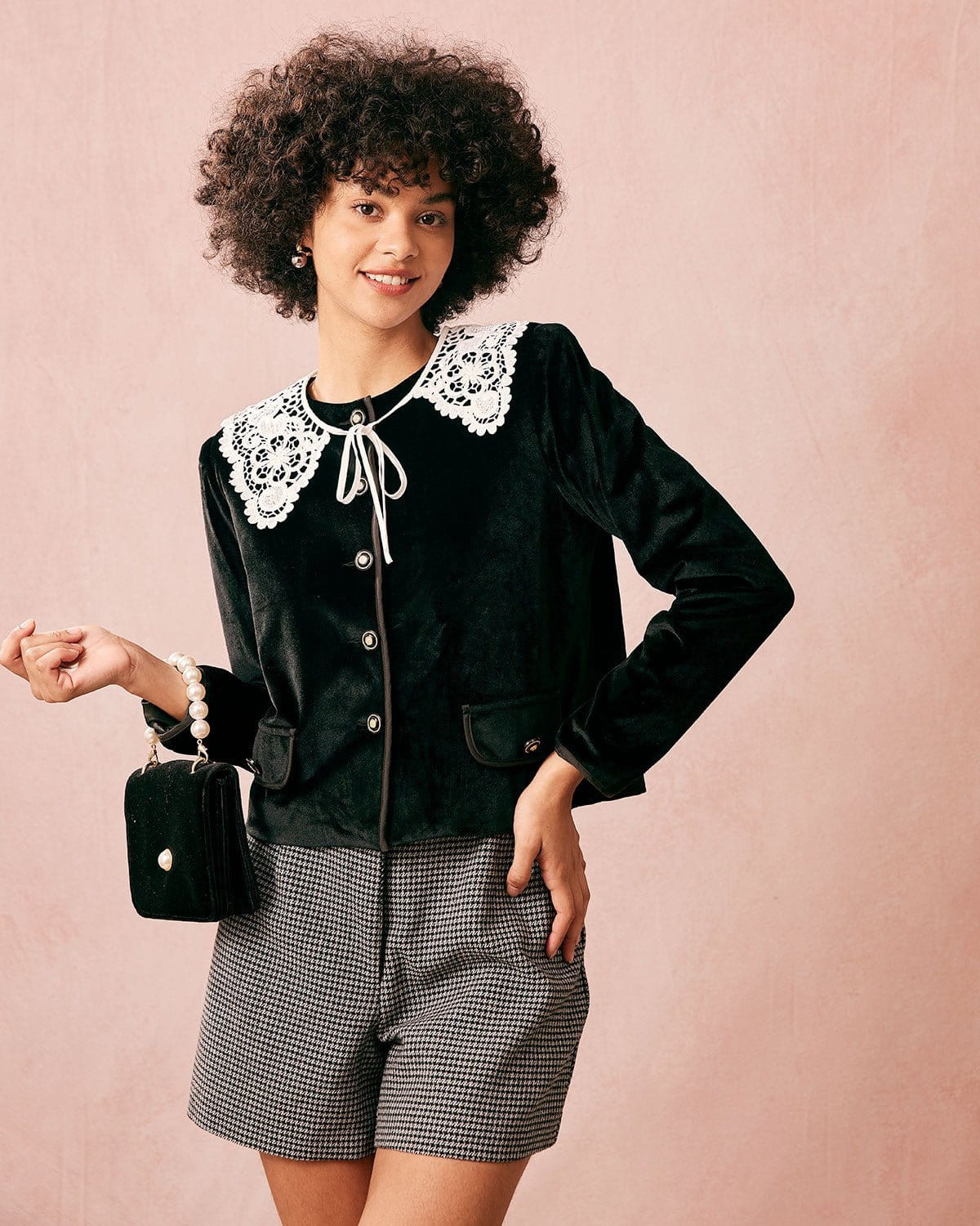 The Black Crew Neck Velvet Jacket & Reviews - Black - Outerwear | RIHOAS | rihoas.com