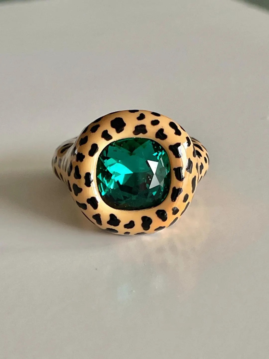 Bold Chunky Leopard Print Designer Statement Polymer Ring With Emerald Swarovski Crystal - Etsy | Etsy (US)