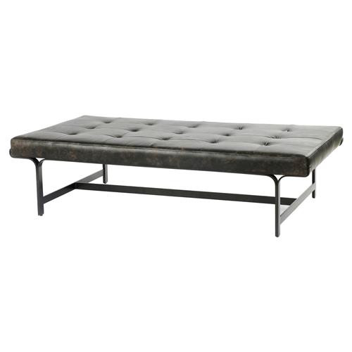 Cory Modern Tuffed Ebony Leather Black Iron Frame Ottoman Coffee Table | Kathy Kuo Home