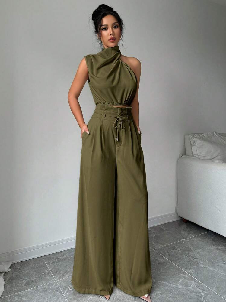 Firerie 2pcs Women's Sleeveless Turtleneck Top & Wide Leg Pants Set | SHEIN