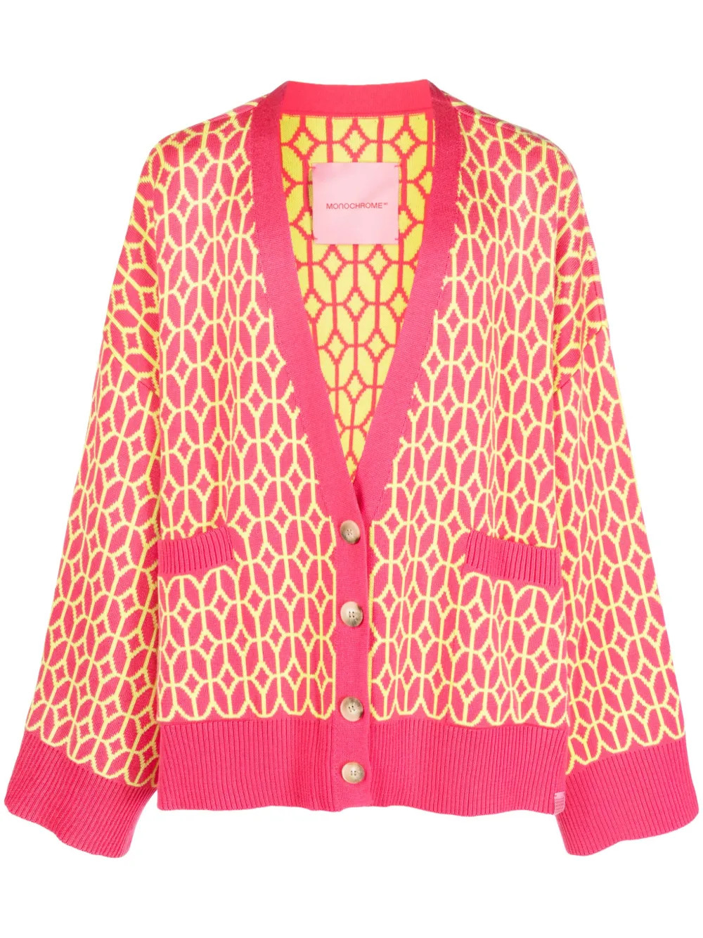 MONOCHROME patterned-intarsia V-neck Cardigan | Pink | FARFETCH LV | Farfetch Global