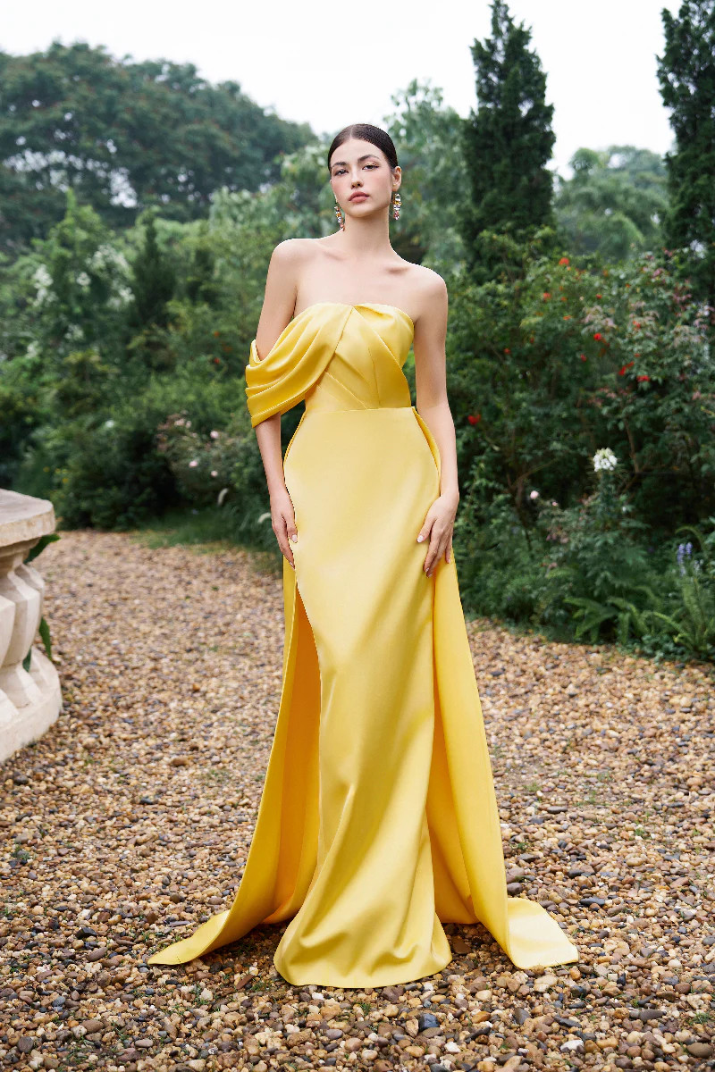 ASYMMETRICAL DRAPED STRAPLESS COLUMN SILK GOWN | IHF | CULT MIA | CULT MIA UK LTD