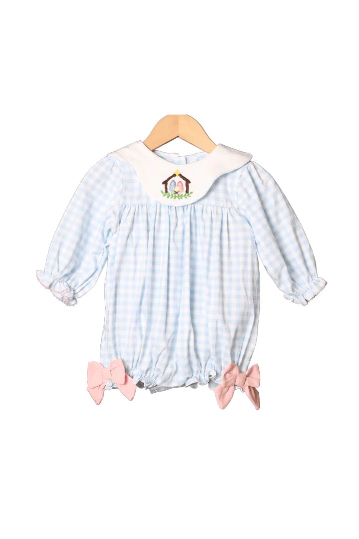Embroidered Nativity Blue Gingham Bubble | The Smocked Flamingo