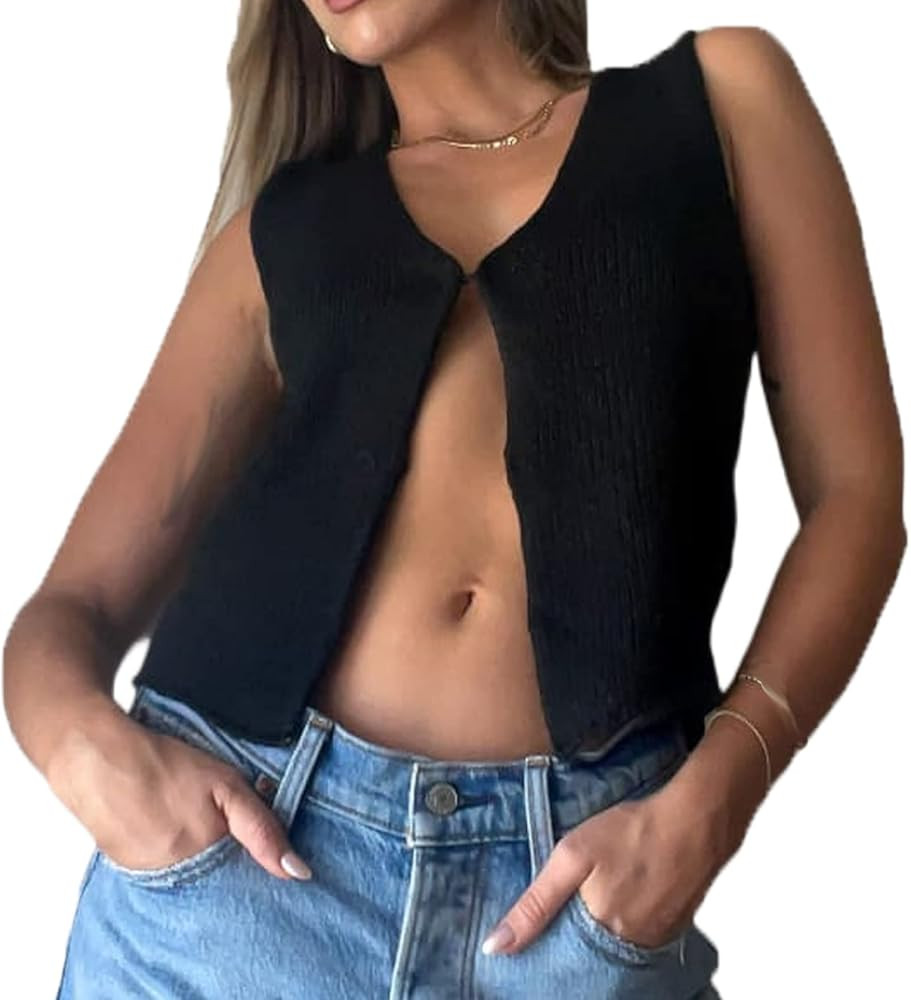 Womens Vintage Knittd Tank Y2k Vest Crop Top Sleeveless V-Neck Open Front Button Crochet Knit Ves... | Amazon (US)