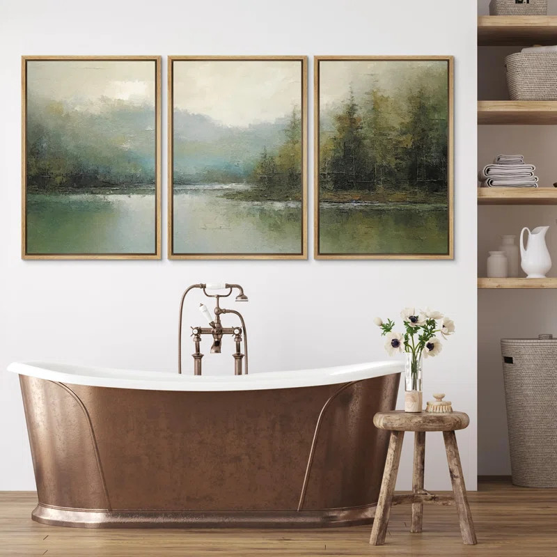 Abstract Landscape " Emerald Green Pastel Pine Tree Forest Nature Rustic " 3 - Pieces | Wayfair North America