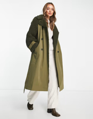 ASOS DESIGN teddy borg spliced trench coat in khaki | ASOS (Global)