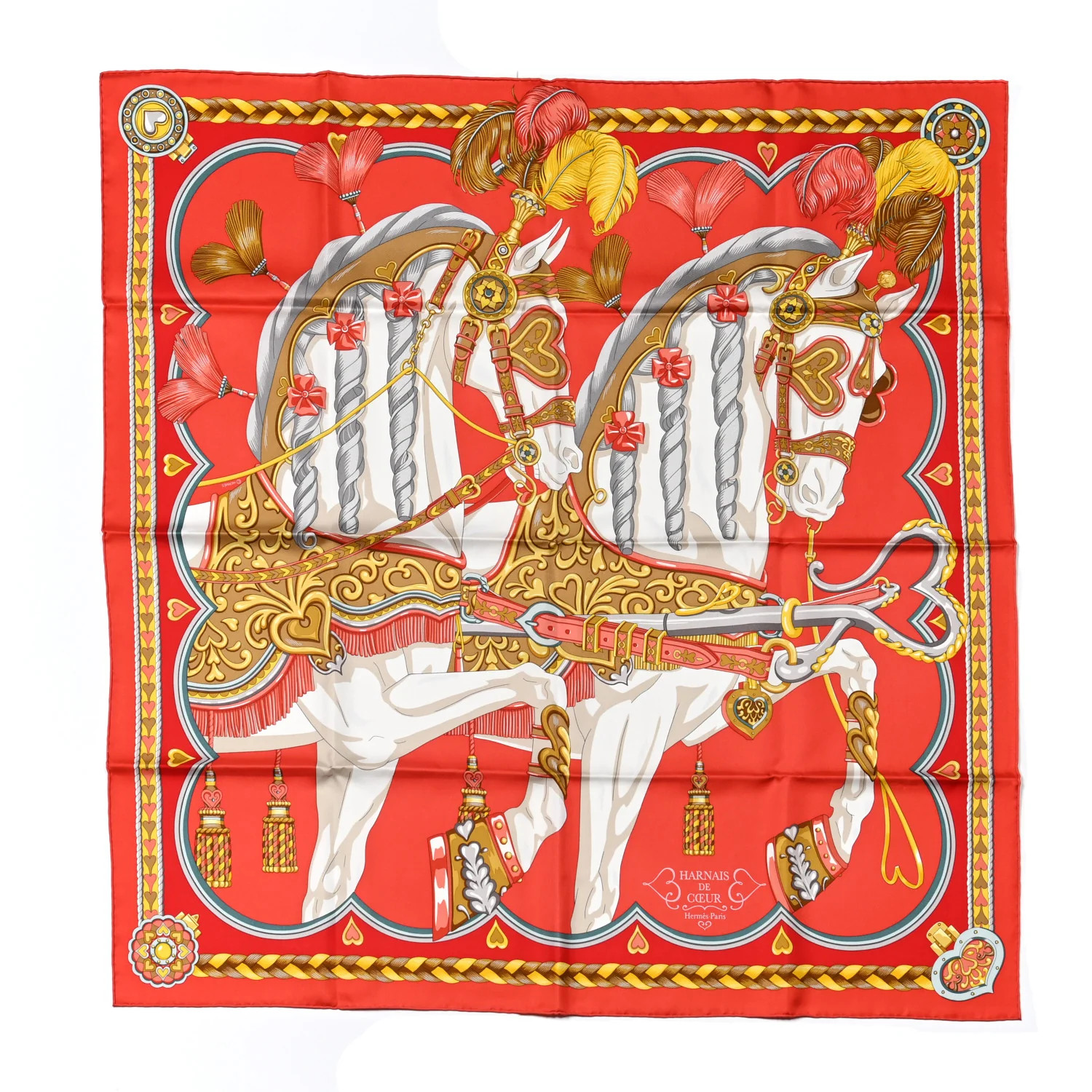 Silk Harnais De Coeur Scarf 90 Rouge White Gold | FASHIONPHILE (US)