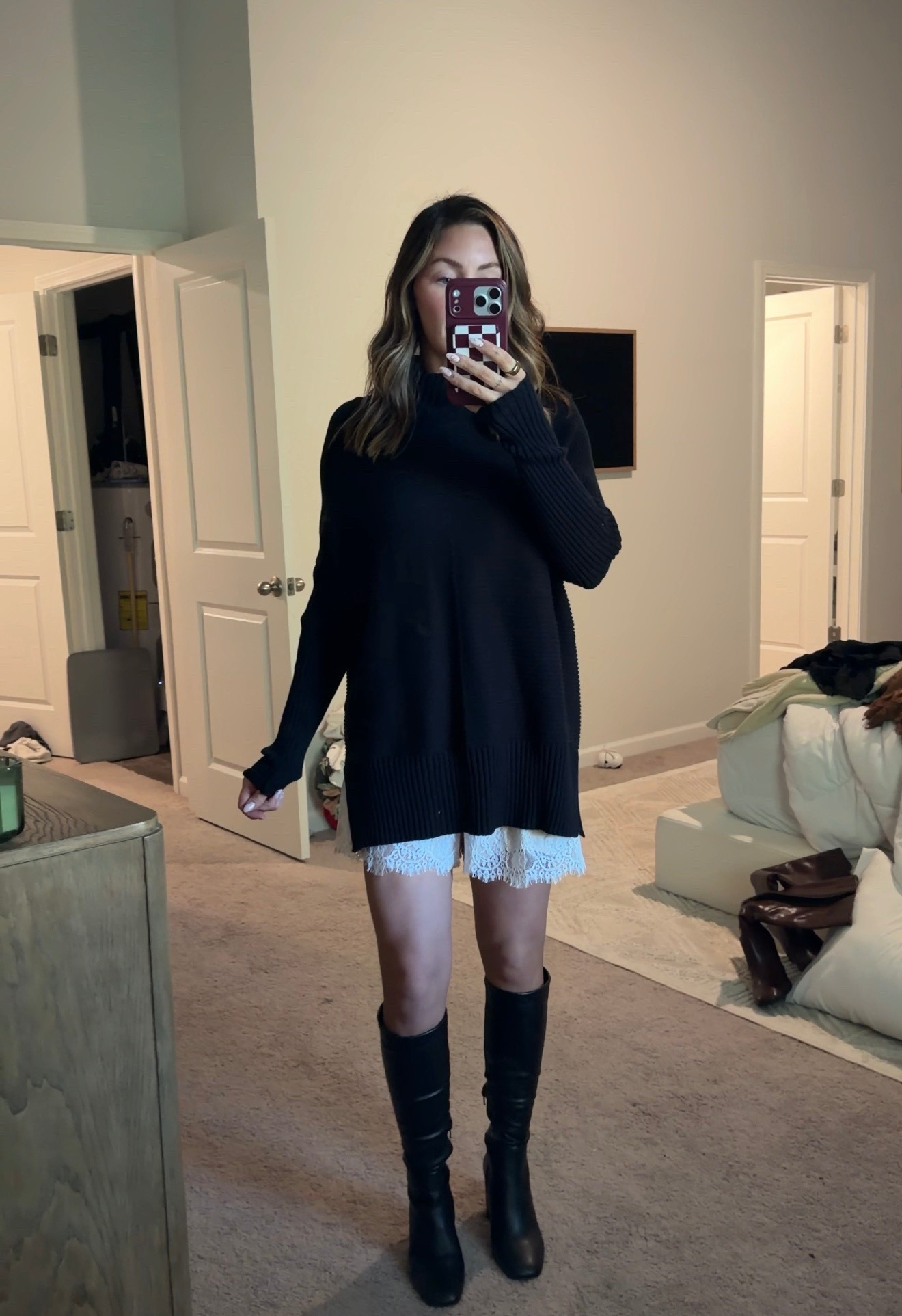 Oversized sweater boots and satin shorts 
