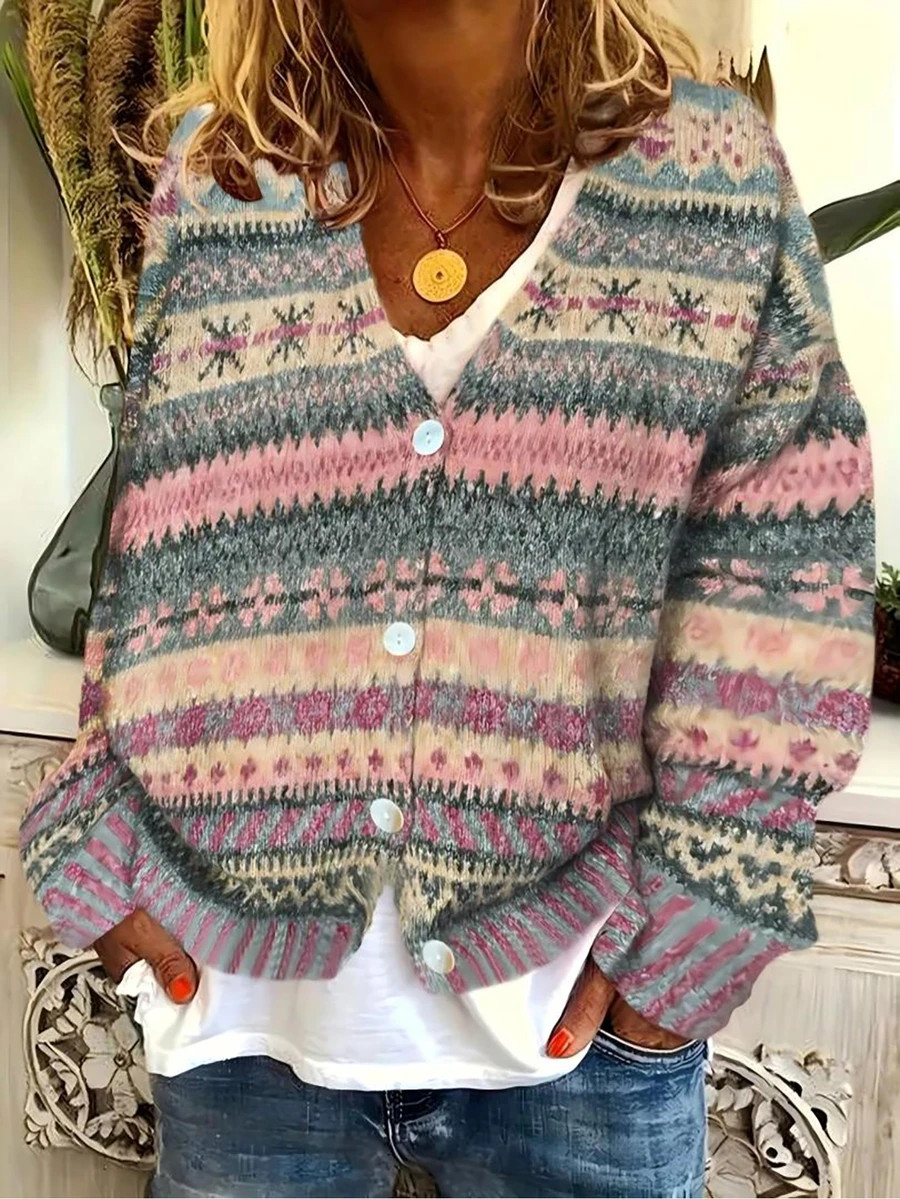 Plus Size Bohemian Floral Knit Cardigan, V-Neck Long Sleeve Cardigan Sweater, Casual Loose Vintag... | SHEIN