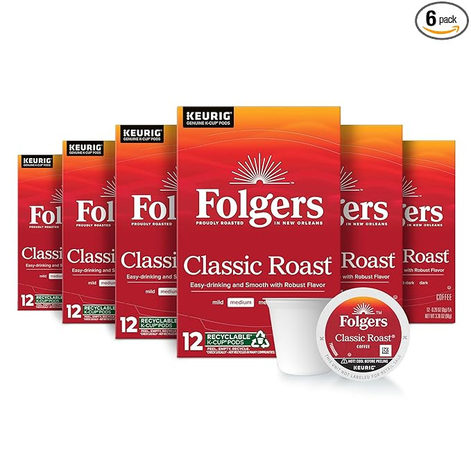 Folgers Classic Roast Medium Roast Coffee, 72 Keurig K-Cup Pods | Amazon (US)