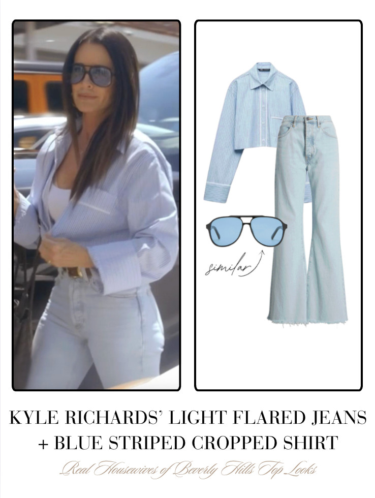 Kyle Richards' Light Flared Jeans and Blue Striped Cropped Shirt 

 