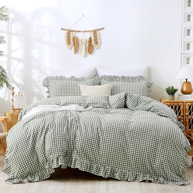 ATsense Green Gingham Ruffle Duvet Cover Set Cotton Like Linen, King | Amazon (US)