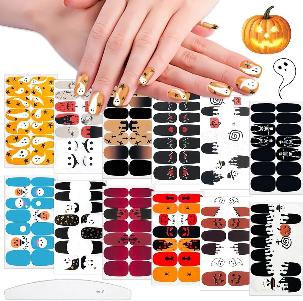 WOKOTO 12 Sheets Halloween Adhesive Nail Wraps Decals Strips Set with 1Pc Nail File Skull Pumpkin... | Amazon (US)