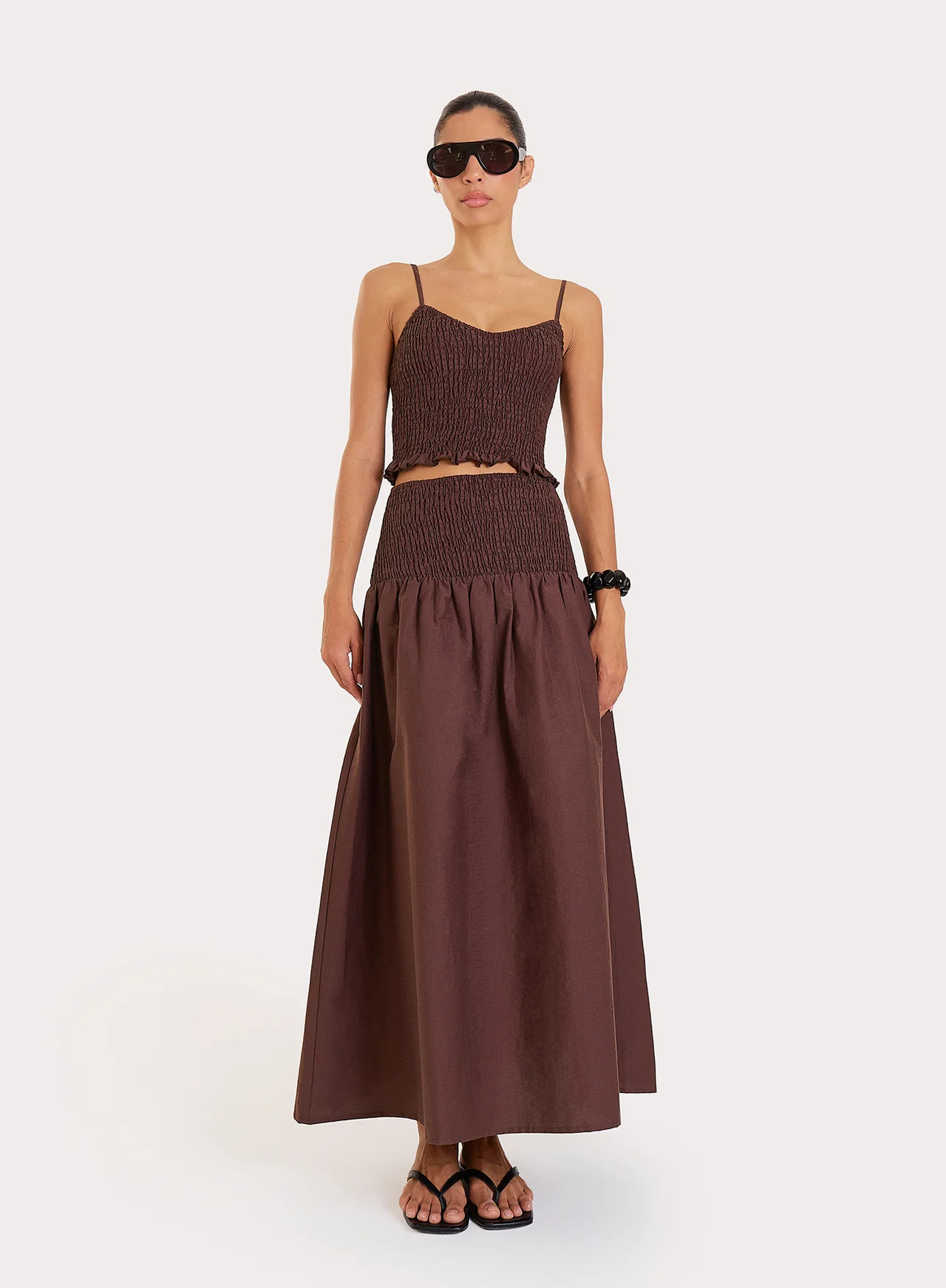 Women's Chocolate Shirred Drop Waist Maxi Skirt | Lowri | 4th & Reckless | 4th & Reckless