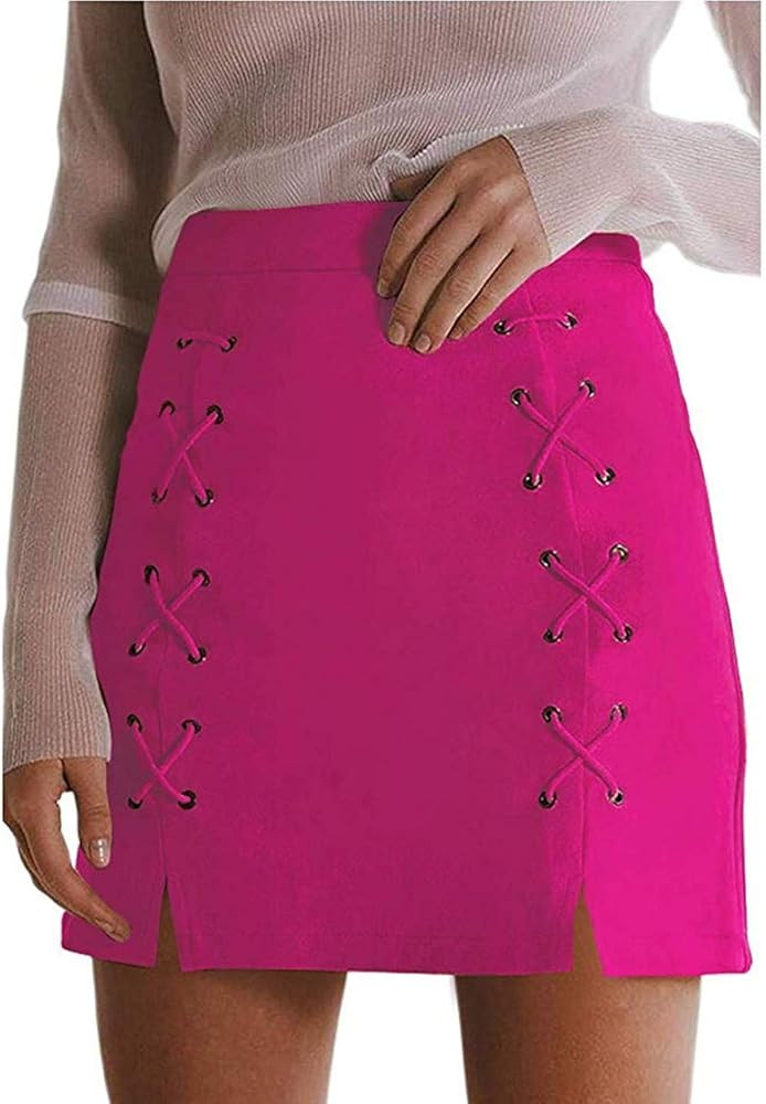 katiewens Women's Classic High Waist Lace Up Bodycon Faux Suede A Line Mini Pencil Skirt | Amazon (US)