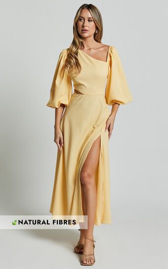Rhyne Midi Dress - Asymmetric Puff Sleeve Side Cut Out A Line Dress in Lemon | Showpo (US, UK & Europe)