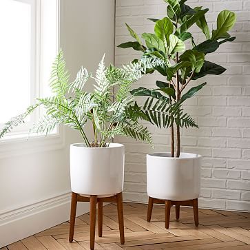 Mid-Century Turned Leg Standing Planters - White | West Elm (US)