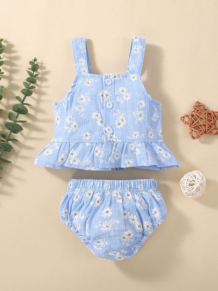 Baby Floral Print Ruffle Hem Cami Top & Shorts | SHEIN
