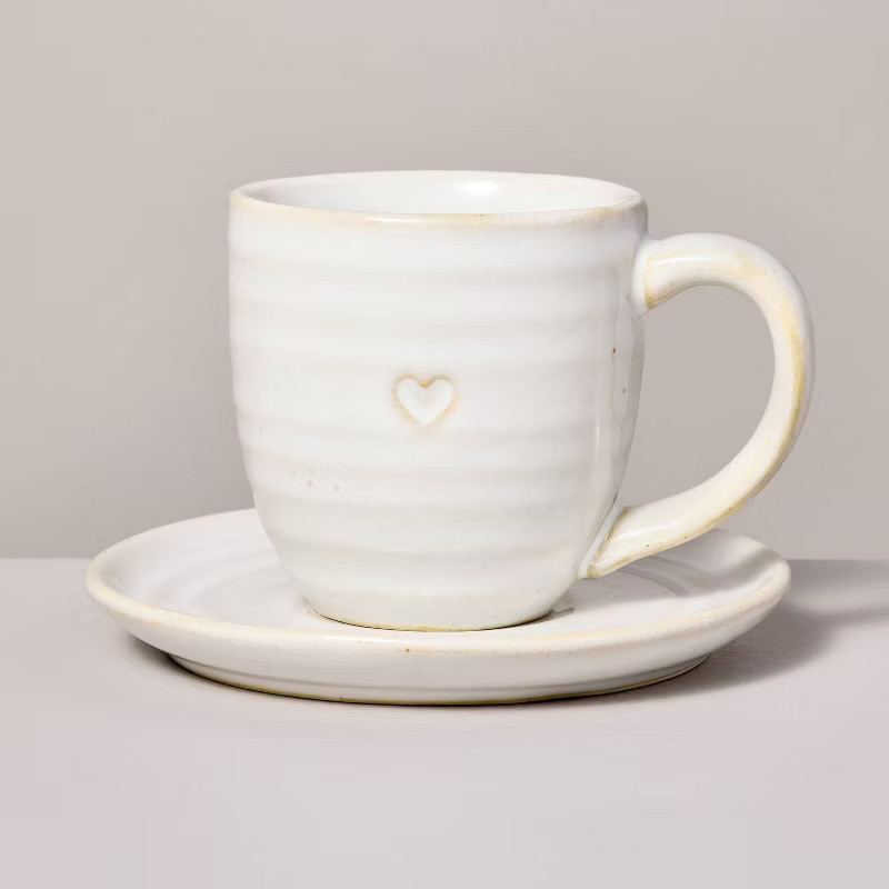 4oz Valentine's Day Heart Imprint Stoneware Espresso Cup and Saucer Set Vintage Cream - Hearth & ... | Target