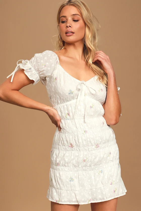 Live In Sunshine White Floral Eyelet Lace Smocked Mini Dress | Lulus (US)