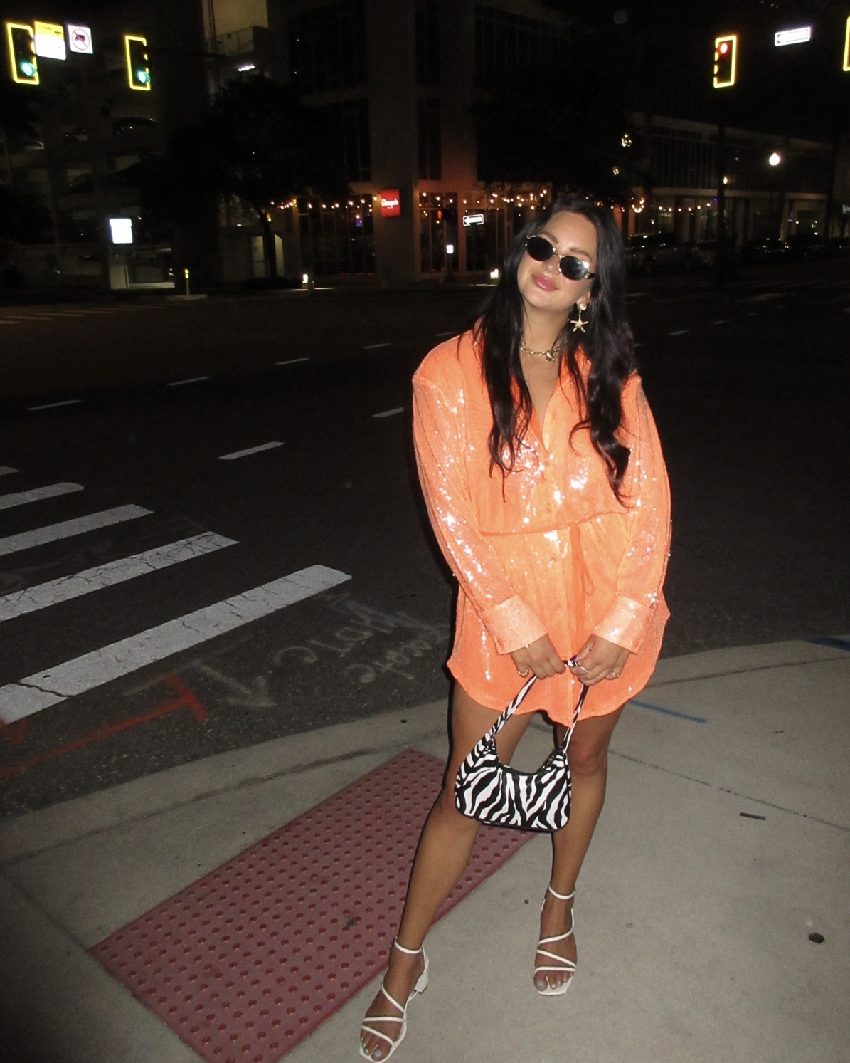Night out on the town, giving disco vibes 🪩🕺✨ love this orange t shirt dress, the sequins definitely made a sparkly statement! 

#LTKParties #LTKStyleTip #LTKU