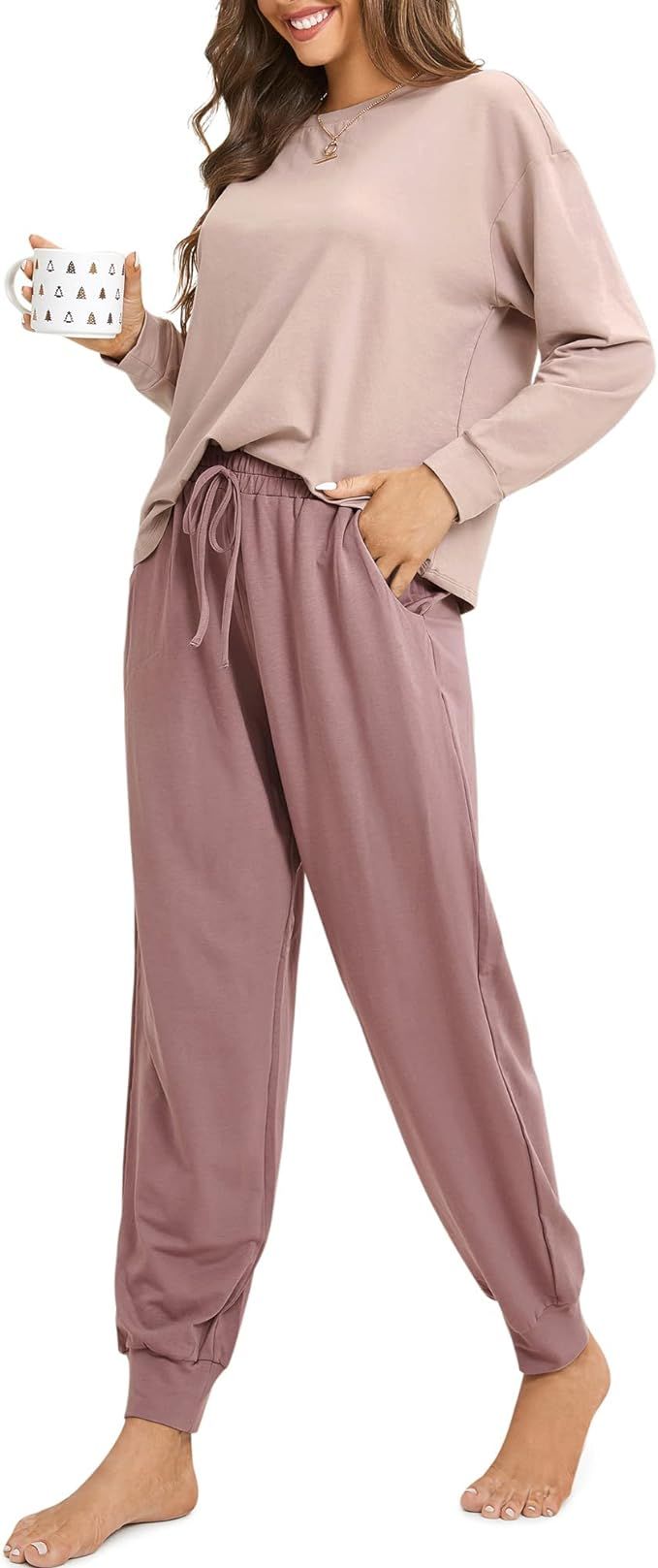 DOBREVA Women's Lounge Sets Pajamas Set Soft PJ Long Sleeve Leopard Loungewear Sweatshirt Pants 2... | Amazon (US)