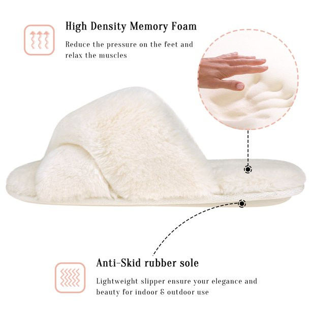 VONMAY Women's Slippers Plush Cross Band Open Toe Slides Fuzzy SPA House Slippers | Walmart (US)